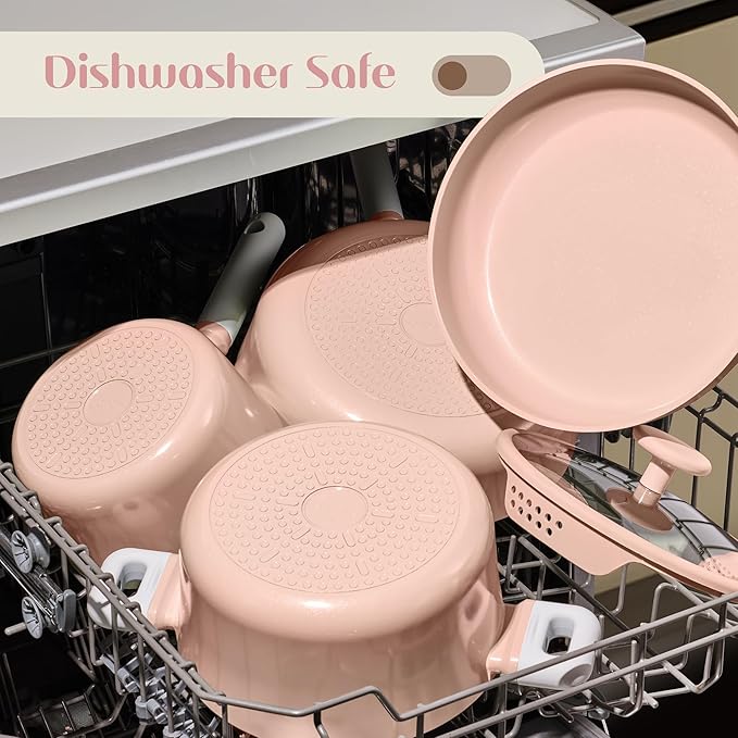CAROTE Pots and Pans Set Nonstick, Ceramic Cookware Set, Pink Cooking Set Kitchen Induction Set with Steamer, PFAS PTFE Free,9 Piece