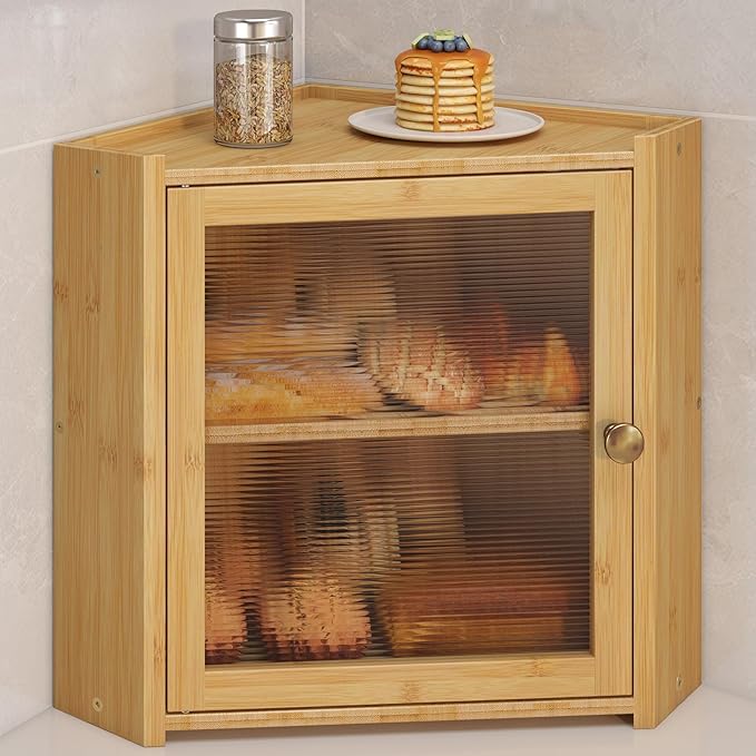 Corner Bread Box for Kitchen Countertop, Large Bread Container Storage Vintage Wooden Farmhouse Bread Box with Window for Homemade Bread Holder (Bamboo)