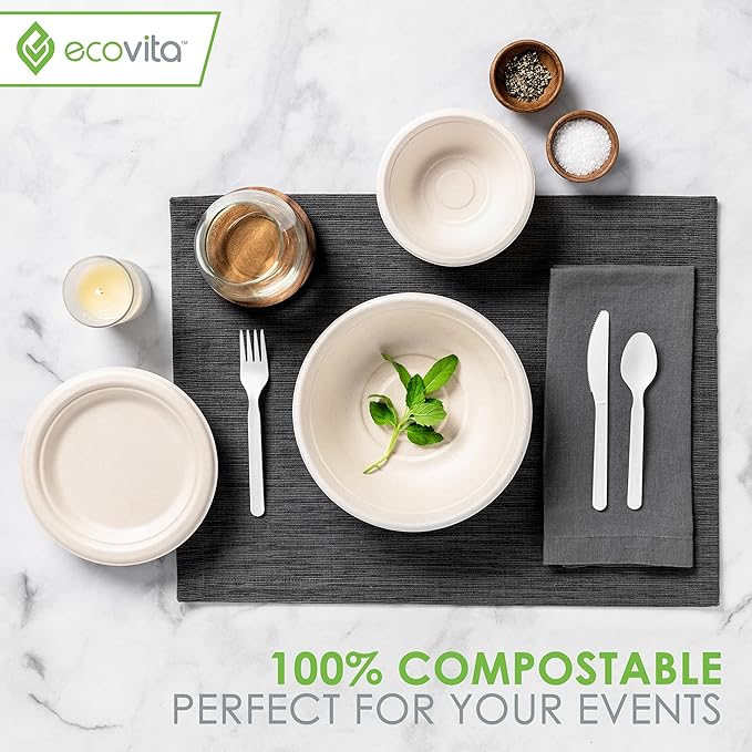 Ecovita 100% Compostable Paper Bowls [32 oz.] ??150 Disposable Bowls Eco Friendly Sturdy Tree Free Liquid and Heat Resistant Alternative to Plastic or Paper Bowls
