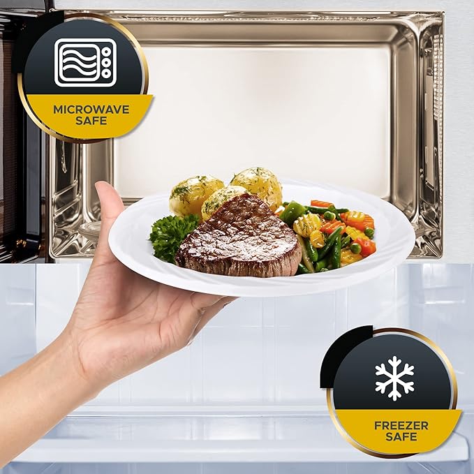 PAMI Heavy-Duty Disposable Plastic Dinnerware for Parties, Elegant Design, Microwave & Freezer Safe (9 Inch Plates 100 White)