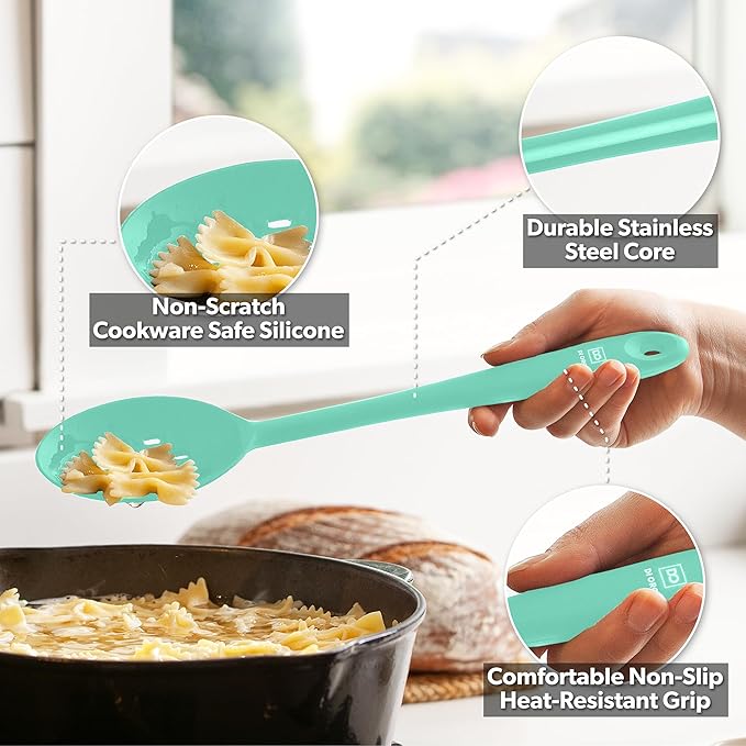 DI ORO Silicone Spoons for Cooking - Large Kitchen Spoons for Mixing, Serving, & Stirring - 600째F Heat-Resistant Non Stick Utensils ??Big Solid & Slotted Basting Spoons - Dishwasher Safe (2pc, Mint)