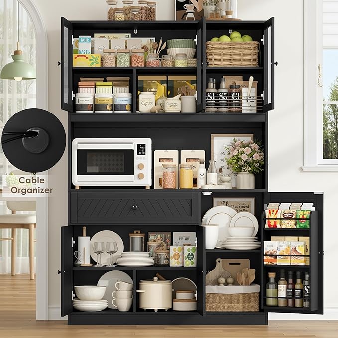 72??Tall Kitchen Pantry Storage Cabinet, Modern White Kitchen Hutch with Large Storage Drawer, Countertop, Adjustable Shelves, Food Pantry Cabinets for Dining Room, Living Room (Black)