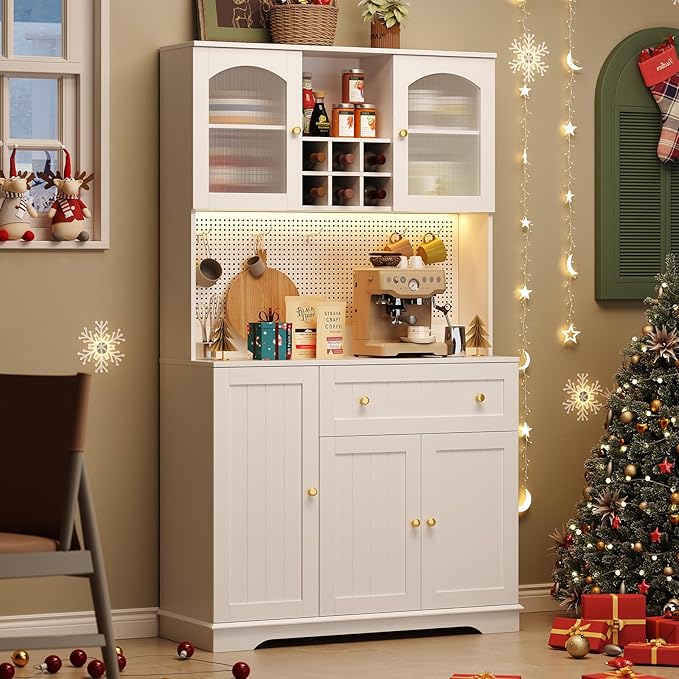 ONBRILL 71" Pantry Storage Cabinet with Microwave Shelf & Door Shelves, Kitchen Wood Pantry with Outlet & LED Light, Kitchen Hutch with DIY Pegboard & 6 Hook, Modern Cabinet with Drawer & Wine Rack