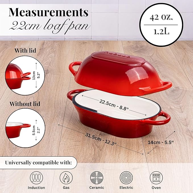 Dutch Oven For Sourdough Bread Baking ??Enamelled Cast Iron Bread Loaf Pot ??Oven Safe Non Stick Bread Pot ??Rectangular, Red, 24cm x 16cm ??by Nuovva