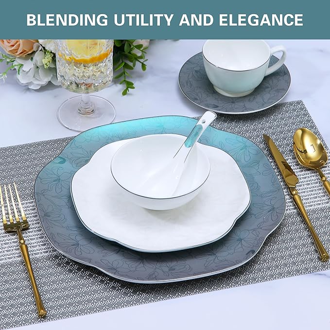 24 Piece Porcelain Dinnerware,Bone china Set for 4, Plates and Bowls Sets With exquisite Handmade Green Floral,Highly Chip and Crack Resistant | Oven & Dishwasher (Green + Floral)