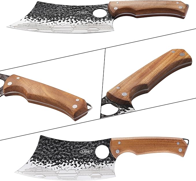 JJOO 3PCS Butcher Knife, Stainless Steel Butcher Knife Set with Wooden Handle, 7" Butcher Meat Cleaver, 7" Serbian Chef Knife and 6.5" Viking Knife, Indoor & Outdoor Use (Stylish Pattern)