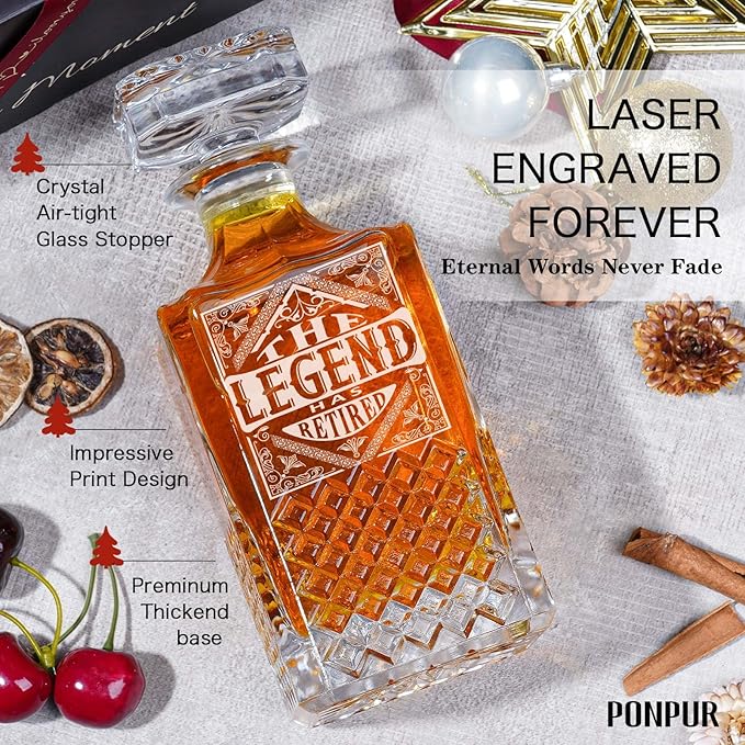 PONPUR The Legend Has Retired 2025 Retirement Gifts for Men Women, Whiskey Decanter Gift Set with 2 Whisky Glasses, Best Christmas Birthday Presents for Dad Coworkers Teacher