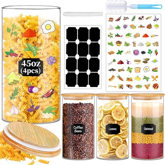 Glass Storage Jars 45 oz 4 Pcs Clear Glass Food Storage Containers with Airtight Bamboo Lid Stackable Kitchen Canisters for Candy, Cookie, Rice, Sugar, Flour, Pasta, Nuts