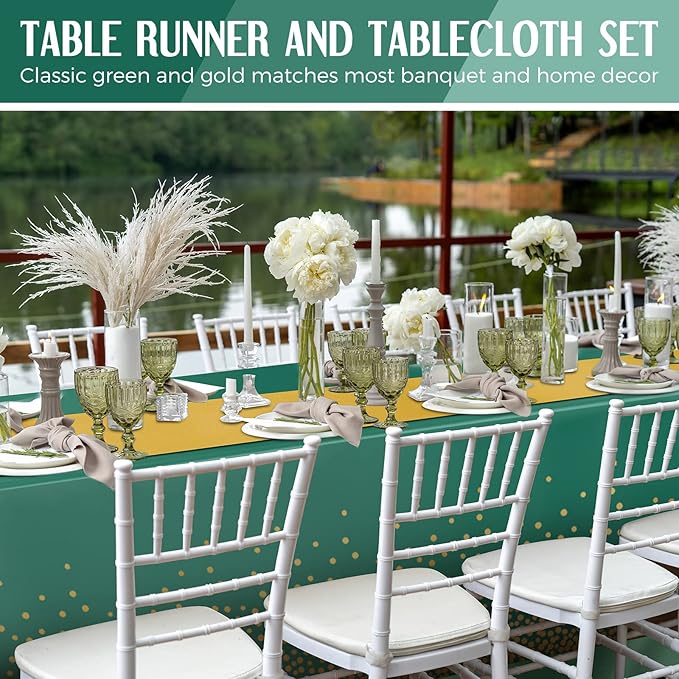 Tudomro 16 Pcs Green and Gold Disposable Plastic Tablecloths and Satin Table Runner Set 54x108 Inch Tablecloth 12x108 Inch Table Runners for New Year Wedding Birthday Baby Shower Graduation