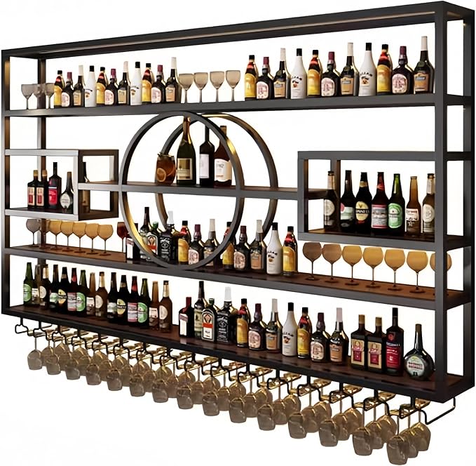 79in Modern Wine Rack Wall Mounted, Metal Wall Bar Shelves for Liquor Bottles with Glass Holder, Multifunctional Wood Bar Shelves Wall Mounted for Home Bar, Dining Room & Kitchen, Black