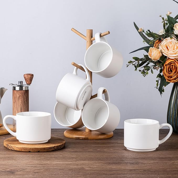 GBHOME 14 OZ Coffee Mugs Set of 6, Stackable Ceramic Mugs for Men, Women, Modern Coffee Mugs With Stable Base for Latte, Tea, Cappuccino. Dishwasher & Microwave Safe, Matte White