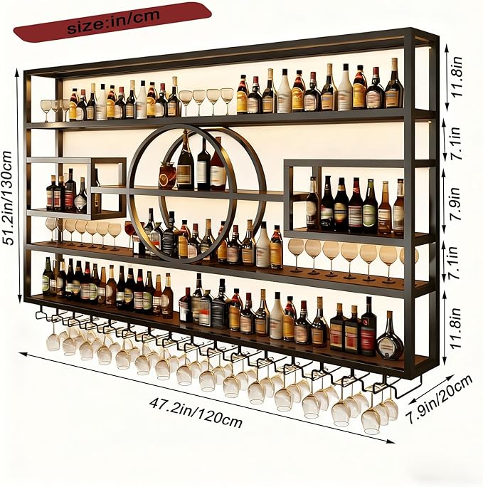 Wall Mounted Wine Rack, Modern Industrial Hanging liquor Bottles Shelves With Wine Glass Holder, Metal Floating Wine Storage Display Shelf, for Bar, Kitchen, Wine Cellar (Black, 120cm/47.2in)