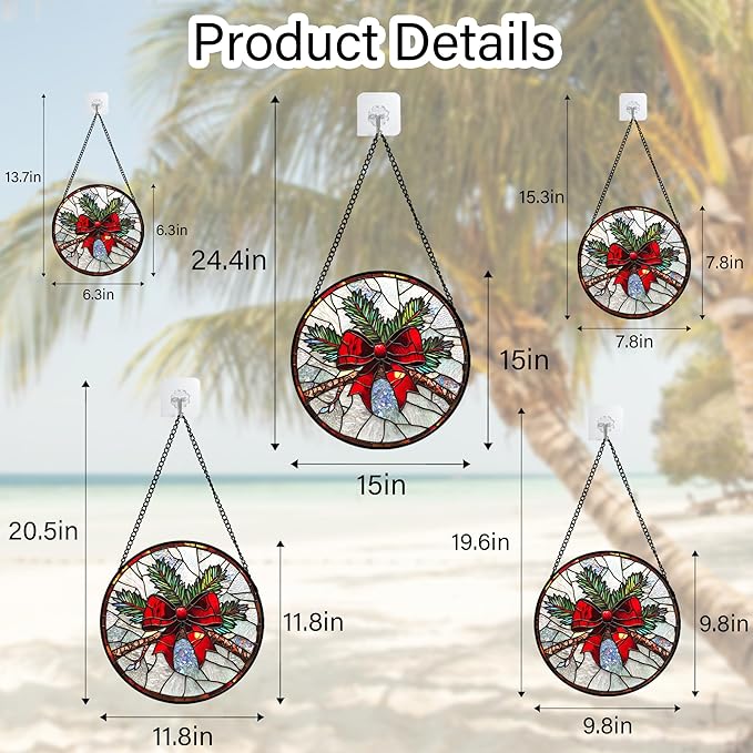 Stained Glass Window Hanging - Pine Branches Red Bow Suncatcher for Doors Home Christmas Decoration Silver Sun Catcher Thanksgiving New Year Birthday Gifts for Women Men Mom Nana 7.8 in