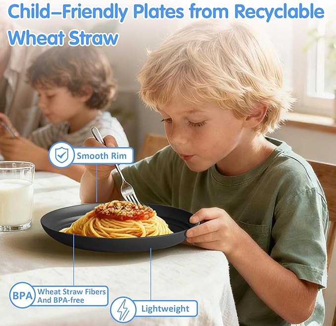 Quatish 10 PCS Unbreakable Reusable Plastic Plates,8 inch Dishwasher & Microwave Safe Dinner Plate, Easy-to-Clean Lightweight,Portable for Kitchen & Picnics Wheat Straw Plates （Black）