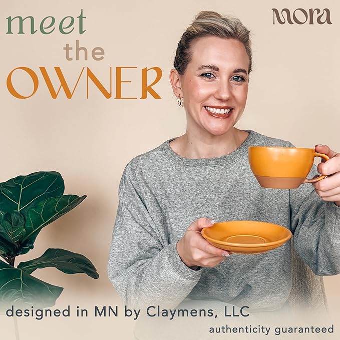 MORA Ceramic Latte Art Mug With Saucer - 10.5 oz, Round Bottom For Perfect Pours - Cafe Cups for Cappuccino, Espresso, Coffee, Tea etc - Porcelain Set for Baristas, Great Gift - Pumpkin Orange