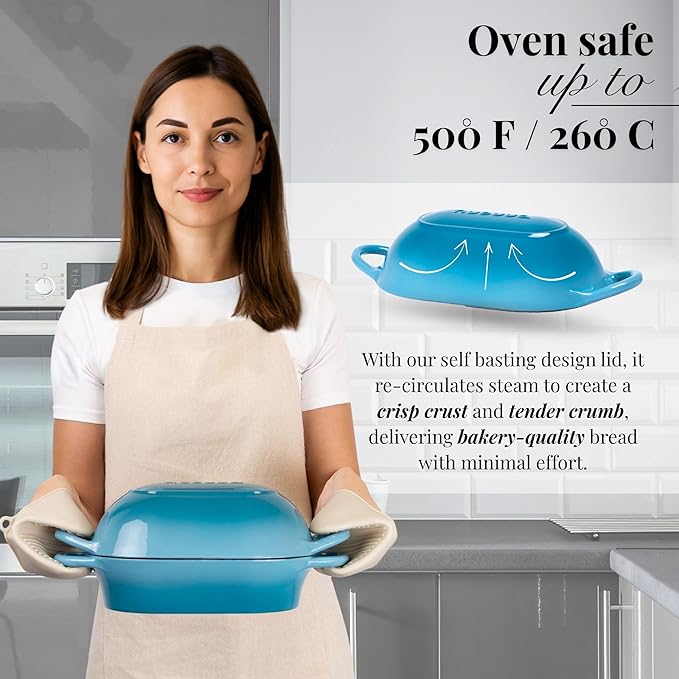 Dutch Oven For Sourdough Bread Baking ??Enamelled Cast Iron Bread Loaf Pot ??Oven Safe Non Stick Bread Pot ??Rectangular,Light Blue, 24cm x 16cm ??by Nuovva