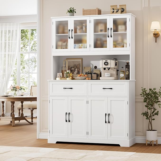 Pantry Storage Cabinet with Microwave Stand, 71" Tall Kitchen Hutch, Large White Pantry Cabinet with Glass Doors for Dining Room