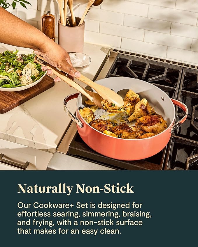 Caraway Cookware+ Collection - Specialty Cookware Set - Petite Cooker, Stir Fry Pan, Rondeau, & Stock Pot - 3 Lids & Storage Organizer Included - White
