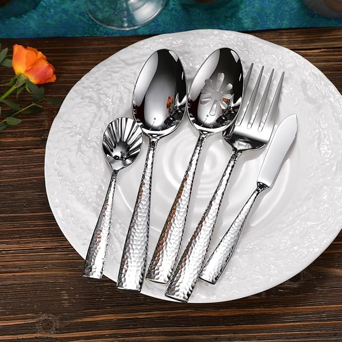 KEAWELL Premium Louis Hammered Serving Utensils, 18/10 Stainless Steel, Squared Edge Design, Mirror Finish, Dishwasher Safe (Hostess Serving Utensil Set)