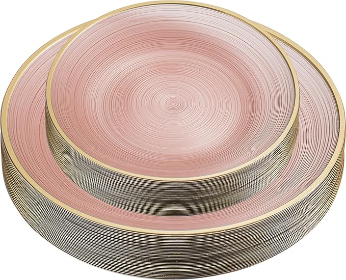 PLASTICPRO 128 Pieces Crystal Design Plastic Plates Combo Pack 64-7 inch and 64-10 inch Elegant Disposable Plates, Rose Color With Gold Rim