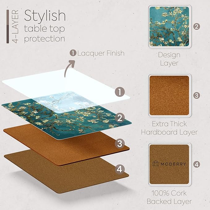 Moderry Set of 4 Heat Resistant Cork Placemats for Dining Table with Free Set of 4 Matching Drink Coasters Van Gogh Masterpieces Design 16 x 12 Inches Cork Backed Hard Placemats (Floral Van Gogh)