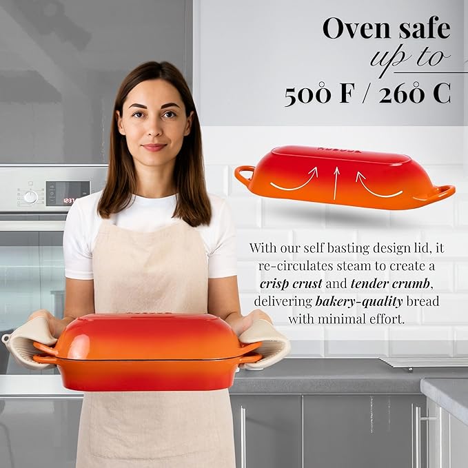 Enamelled Cast Iron Bread Loaf Pot ??Dutch Oven For Sourdough Bread Baking ??Oven Safe Non Stick Bread Pot ??Rectangular, Orange, 34cm x 16cm ??by Nuovva