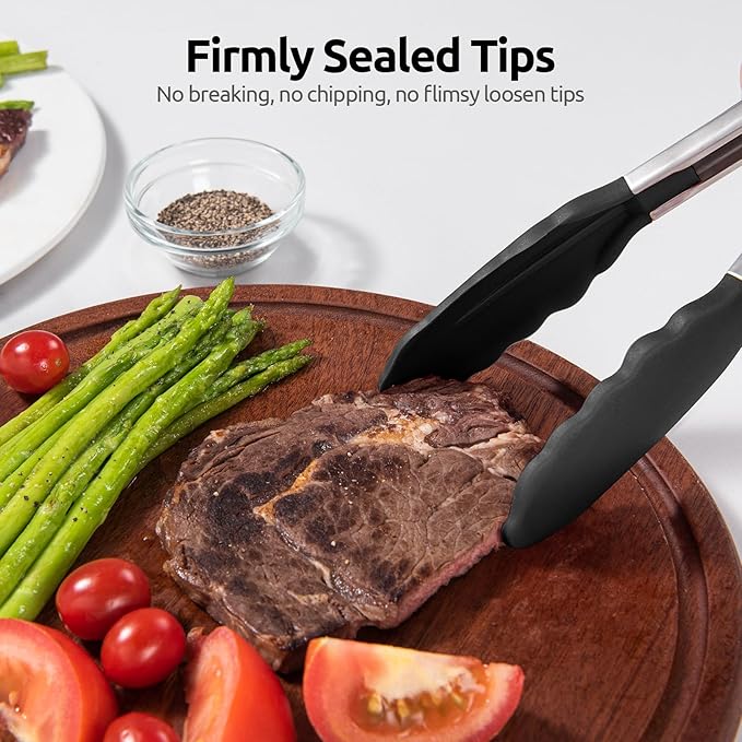 600쨘F Heat Resistant Kitchen Tong: U-Taste 7 inch Silicone Cooking Tong with Firm Sealed Non Stick Rubber Tips & Silicon Coated 18/8 Stainless Steel Handle & Smooth Locking for Serving Salad (Black)