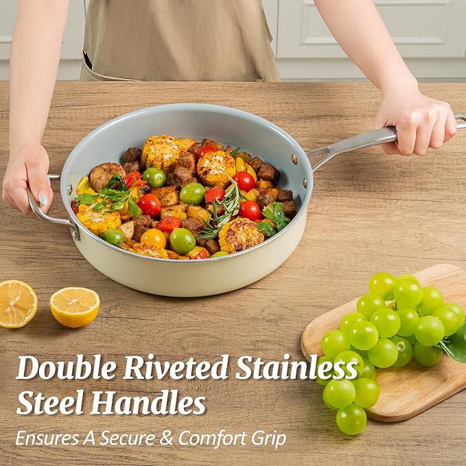 Nonstick Saut챕 Pan with Lid 5 QT Deep Frying Pan with Stainless Steel Helper Handle 12 inch Large Skillet Ceramic Jumbo Cooker for Healthy Cooking, Induction Compatible Cookware, PFOA Free
