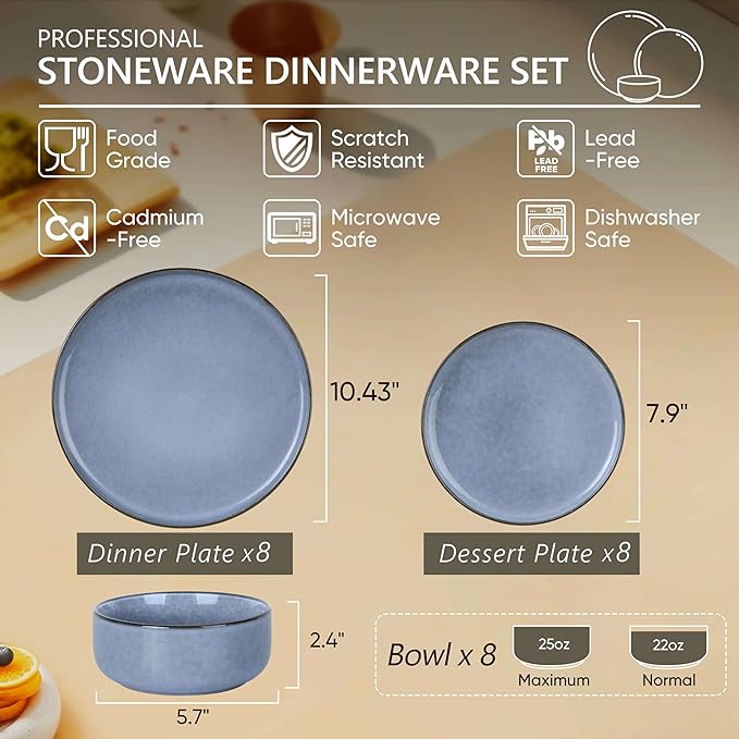 Herogo 24-Piece Stoneware Dinnerware Sets for 8, Stackable Dinner Plates and Bowls Sets, Double Reactive Glaze Dishware Place Setting for Kitchen, Scratch Resistant, Microwave Safe, Haze Blue