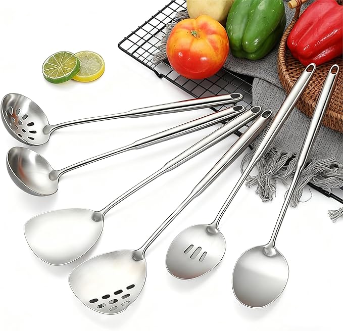 6Pcs Stainless Steel Kitchen Utensils Set ??Cooking Utensils Set Stainless Steel, Metal Cooking Utensils with Wok Spatula, Serving Spoons,Ladle Set??Durable Cooking Supplies for Home and Camping