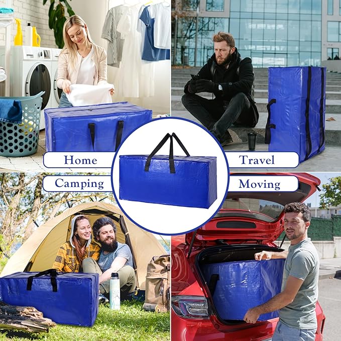 12 Pack Moving Bags Heavy Duty Extra Large Storage Bags with Zippers, Handles, Backpack Straps Packing Bag for Moving College Dorm Room Essentials, Camping, Travel, Clothes 93 L 25 Gallons (Blue)