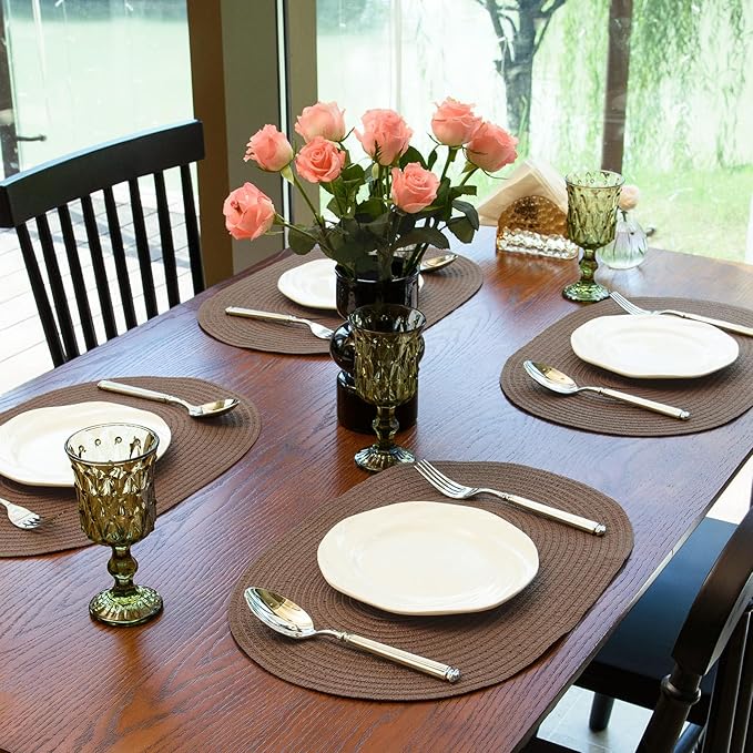 Noctiflorous Oval Braided Placemats Set of 8 Woven 12x18 Inch Non Slip Washable Heat Resistant Place Mats Round Tablemats for Dining Kitchen Party Daily Table Decor Dinner Mats (Solid Brown, 8)