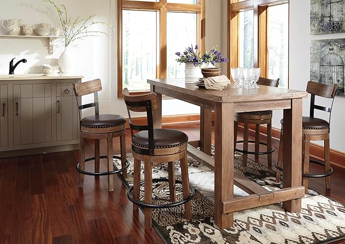 Signature Design by Ashley Pinnadel |24.25" Counter-Height Swivel Bar Stool ??Modern Farmhouse, Faux Leather, 360째 Swivel, Nailhead Trim, Rustic Light Brown