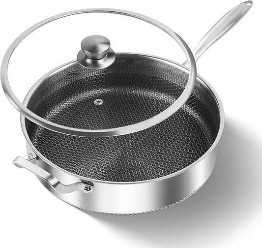 Frying Pans Nonstick wih Lid, Non Stick Tri-Ply Stainless Steel Saute Pan, 7 Quarts Large Saut챕 Pan, 12 Inch Induction Cooking Pan, Dishwasher and Oven Safe, PFOA Free