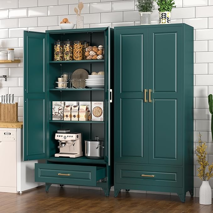 Metal Storage Cabinet,75" Tall Kitchen Pantry Storage Cabinet with Doors and Adjustable Shelves, Green Metal Pantry Cabinets with Drawer, Large Cupboard for Kitchen, Dining Living Room