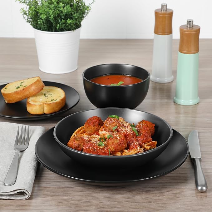 Gibson Home Queenslane 16-Piece Matte Black Stoneware Dinnerware Set ??Double Bowl Plates and Bowls, Durable Kitchen Dinner Set