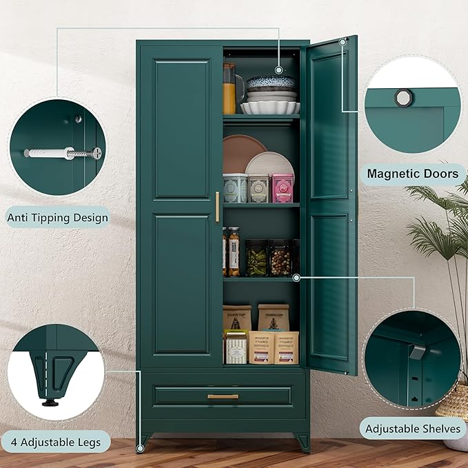 75??Kitchen Pantry Storage Cabinet,Metal Tall Storage Cabinet with Drawers and Adjustable Shelves,Modern Kitchen Hutch Cabinets,Freestanding Cupboard for Living Room,Green