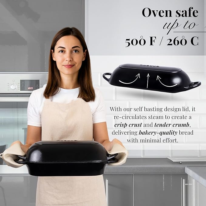 Enamelled Cast Iron Bread Loaf Pot ??Dutch Oven For Sourdough Bread Baking ??Oven Safe Non Stick Bread Pot ??Rectangular, Black, 34cm x 16cm ??by Nuovva