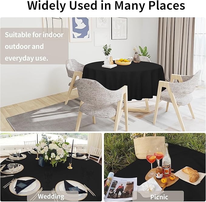 Easy-Going Faux Linen Waterproof Spill-Proof Tablecloth Stain Resistant Round Table Cloth Wrinkle Free Decorative Fabric for Kitchen, Dining, Party, Weddings, Restaurants (60 in-Round, Black)