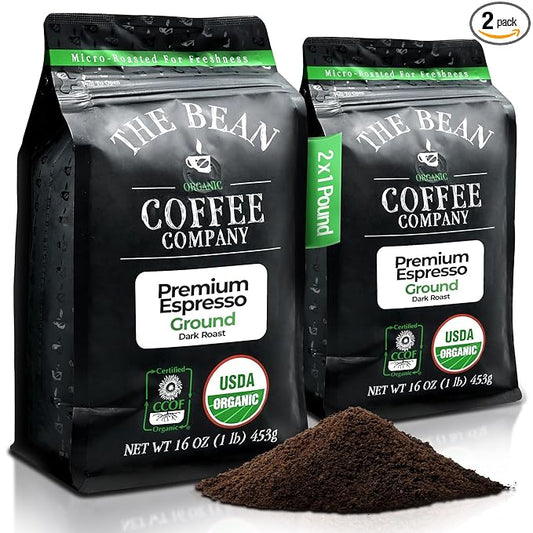 The Bean Organic Coffee Company Premium Espresso, Dark Roast, Ground Coffee, 16-Ounce Bags (Pack of 2),Caf챕 molido tostado organico