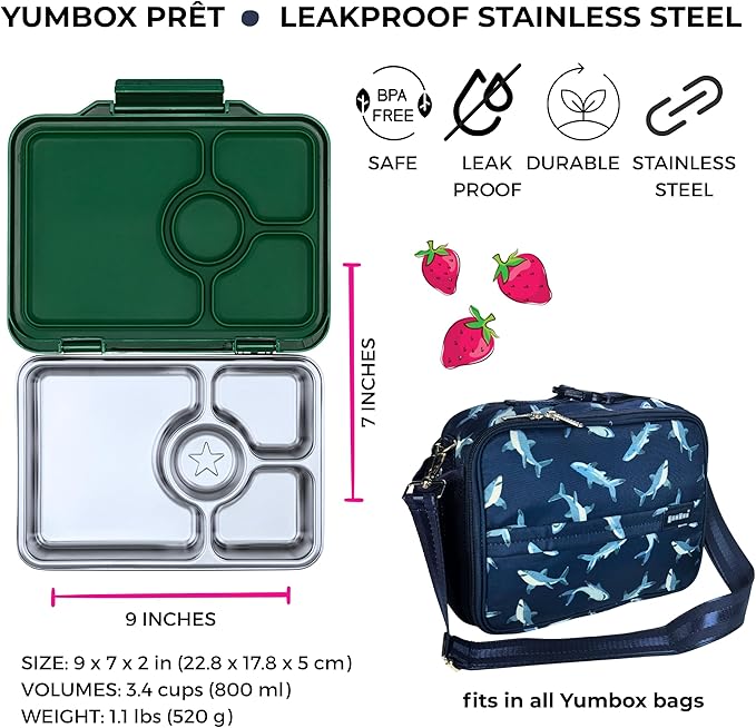Yumbox Pr챗t Stainless Steel Bento Box with Leakproof Lunch Container, Sandwich Friendly Tray, Lunch Box for Kids, Adults, Travel (Dublin Green)