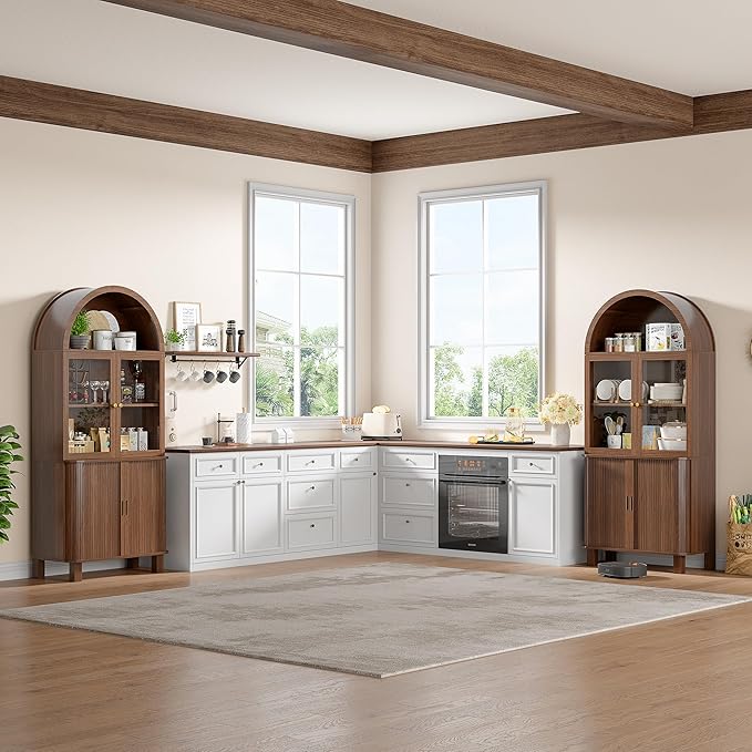 69" Tall Kitchen Pantry Storage Cabinet with Sliding Door, Modern Curved Edge Pantry Storage Cabinet with Glass Door & Adjustable Shelves, Walnut Cupboard for Kitchen, Dining Room, Living Room, Office