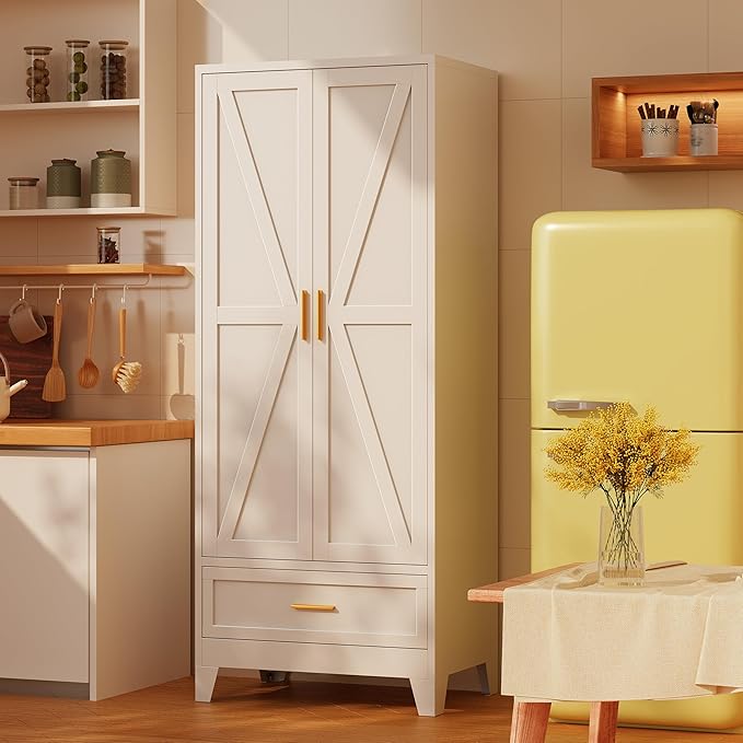 71?쏦 Kitchen Pantry Cabinet with Drawers,Tall Kitchen Pantry Cabinets,Metal Food Storage Cabinets, White Pantry Cabinet with 4 Doors, Large Freestanding Cabinets for Dining Room, Living Room