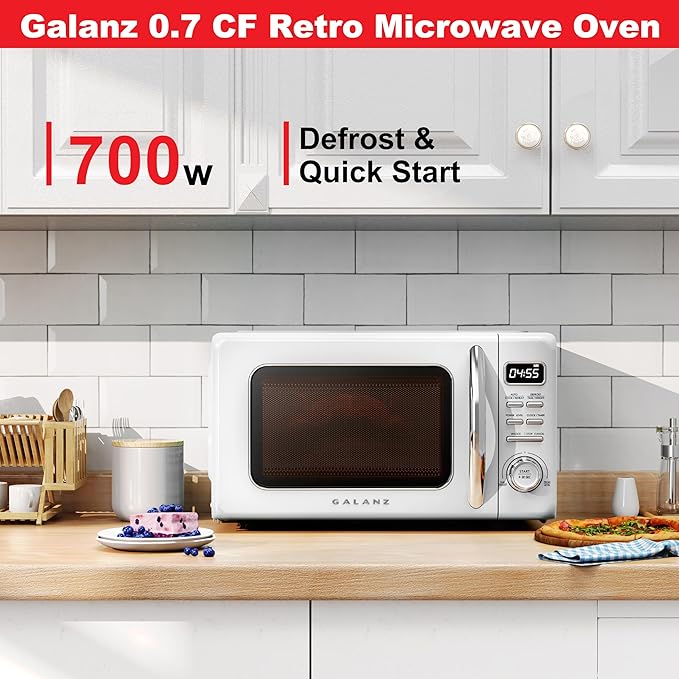 Galanz GLCMKZ07WER07 with Auto Cook & Reheat, Defrost, Quick Start Functions, Easy Clean with Glass Turntable, Pull Handle, White