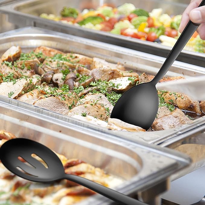 E-far Matte Black Serving Utensils Set of 6, Stainless Steel 8.7 Inch Hostess Serving Set Including MetalSlotted Spoons Forks for Party Buffet Catering, Square Edge & Rust Free