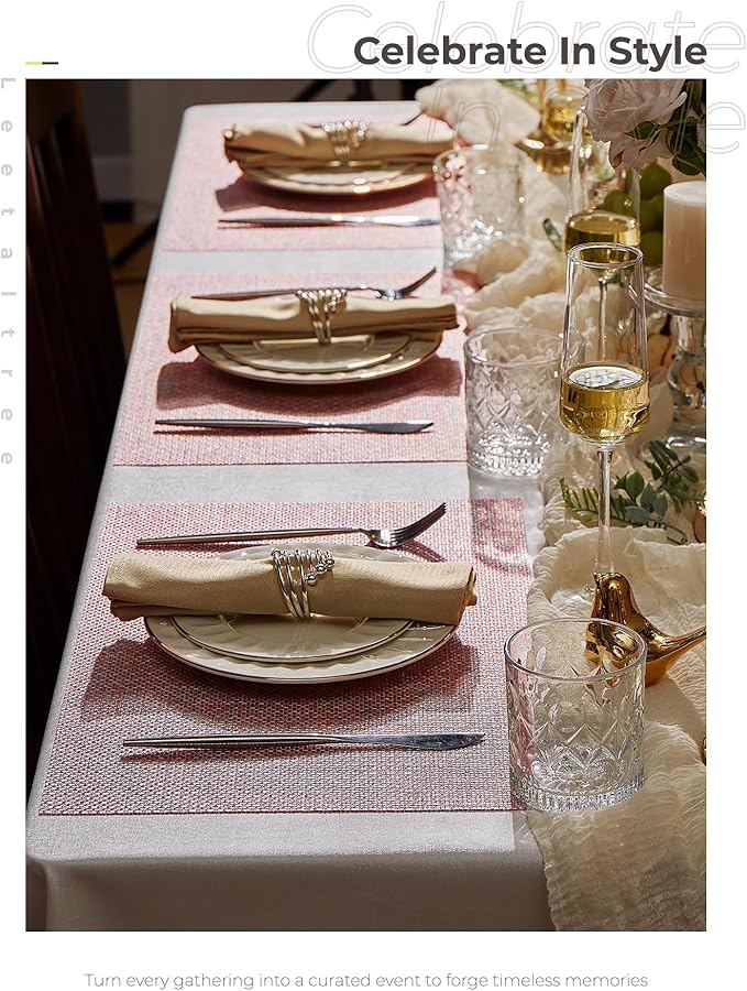 Leetaltree Luxury Pink Iridescent Placemats Set of 4 - Waterproof Washable for Wedding, Anniversary, Festive and Daily Use - Sparkling Table Mats Table Decor - Hand-Cut