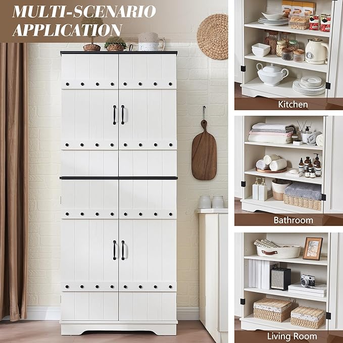 VanAcc 72" Tall Farmhouse Kitchen Pantry Cabinet with Door Organizer & Adjustable Shelves, Wooden Storage Cupboard with Drawer and Barn Doors for Kitchen, Dining Room, Living Room, Distressed White