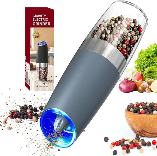 CIRCLE JOY Gravity Electric Pepper Grinder, Pepper Griner Mill Electric with LED Light, Battery Operated, Adjustable Coarseness, Washable 135ml Container, Blue