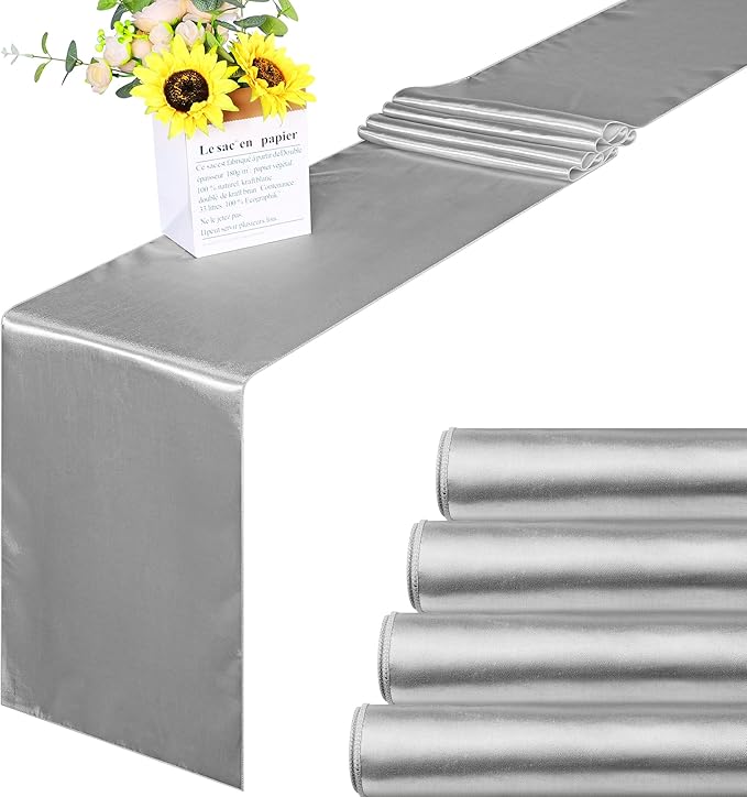 Aneco 4 Pack Satin Table Runner 12 x 108Inch Long Bright Silk and Smooth Fabric Party Table Runner for Wedding Banquet Party Decoration-Silver Gray