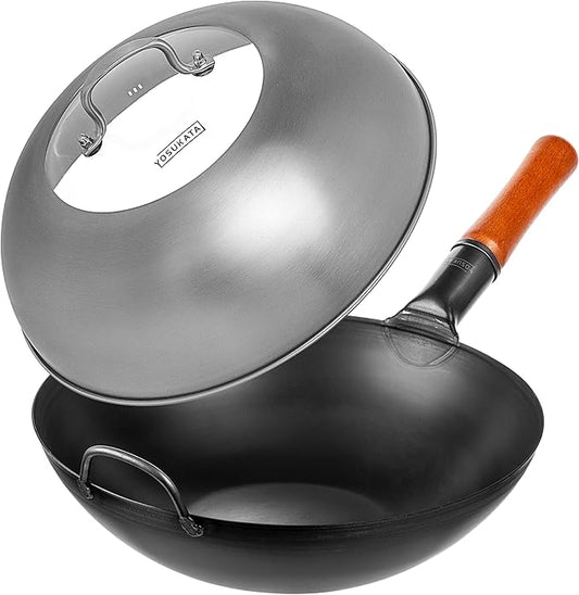YOSUKATA Carbon Steel Wok Pan ??13,5 ??Woks and Stir Fry Pans + Wok Lid 12.8 Inch - Premium Stainless Wok Cover with Tempered Glass Insert Steam Holes and Ergonomic Handle